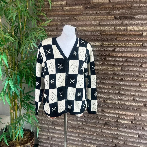 Liz Claiborne Vintage Black and White Checkered Cardigan Sweater Size 1X - Picture 1 of 8